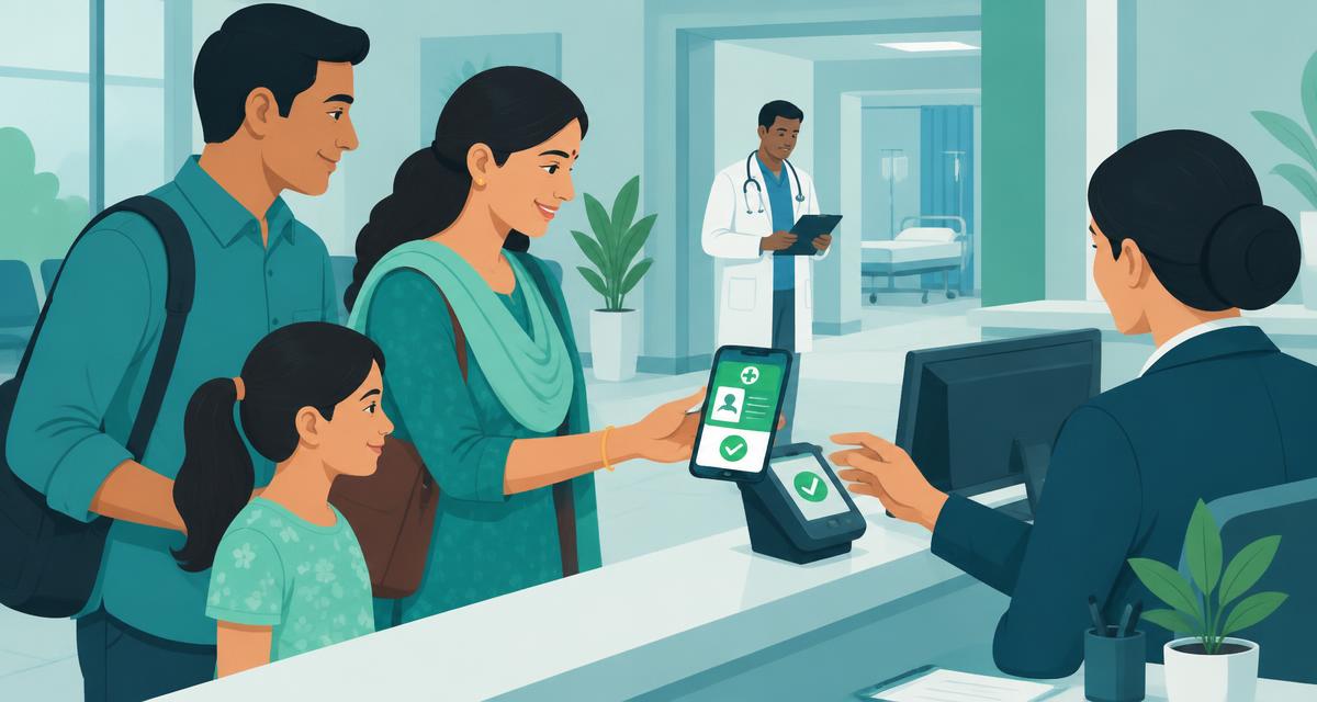 Indian family using a digital Ayushman card at a hospital reception