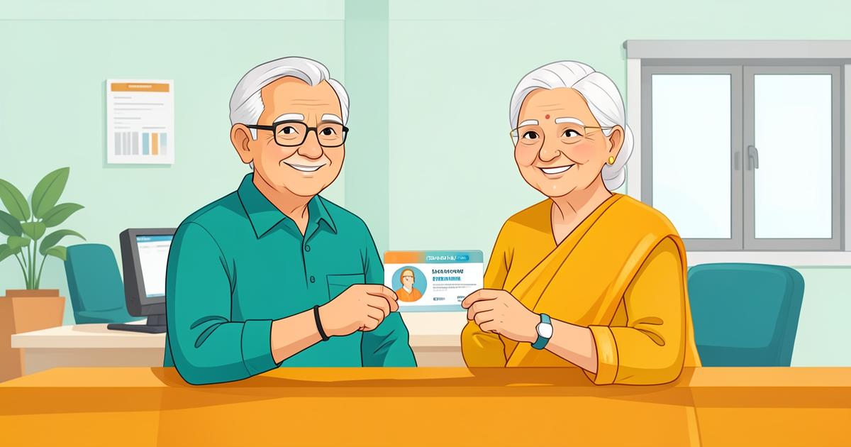 Elderly Indian couple holding a health insurance card at a hospital reception