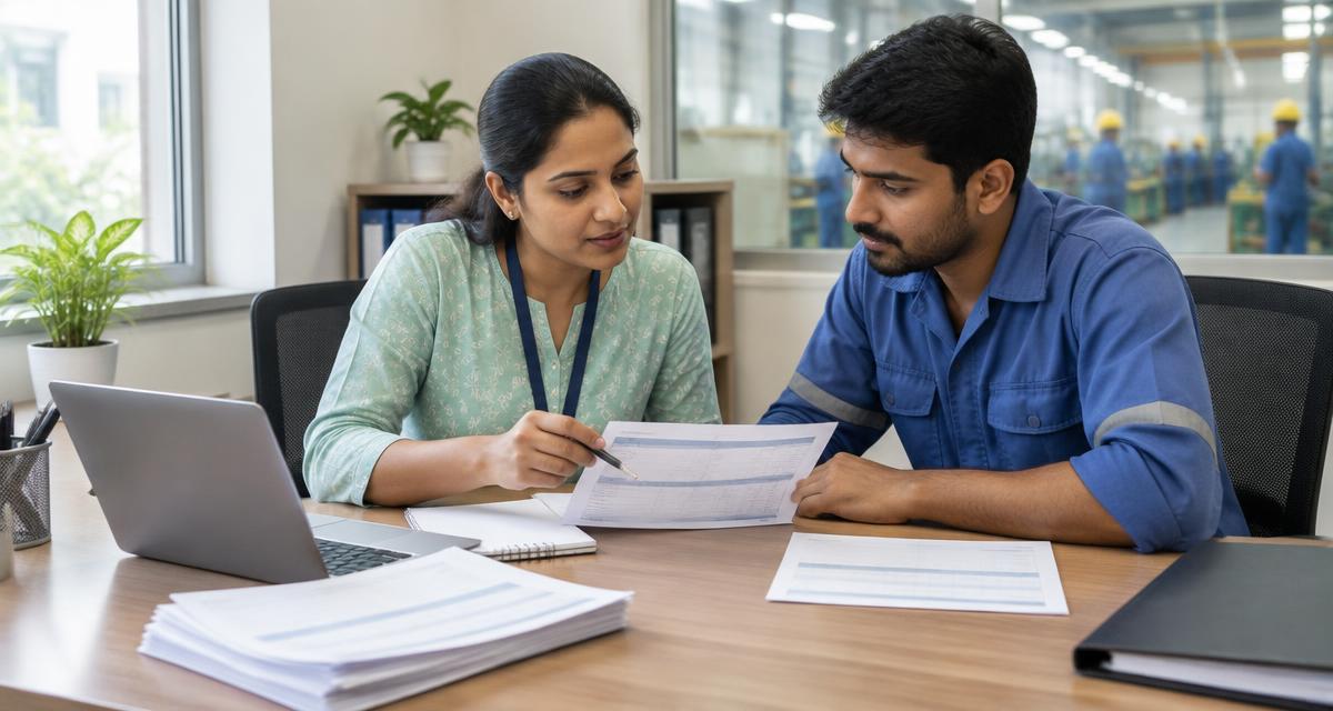 Payroll officer helping a factory worker review provident fund enrolment records