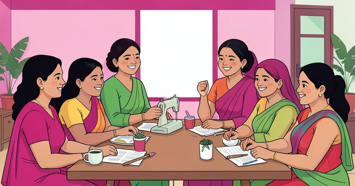 Rural Indian women in a self-help group meeting discussing their small business income