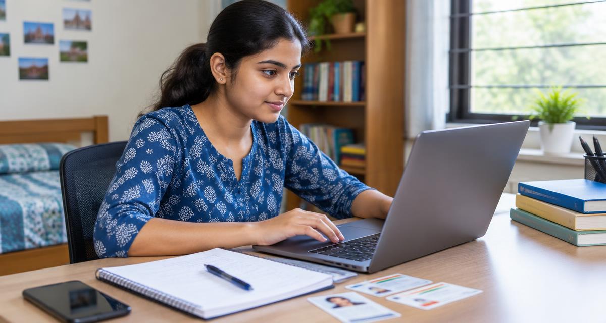 Indian student completing a scholarship application on a laptop