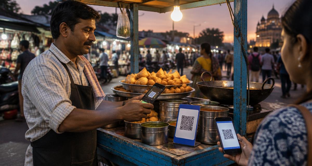 Street food vendor receiving a UPI QR code payment at his cart in the evening