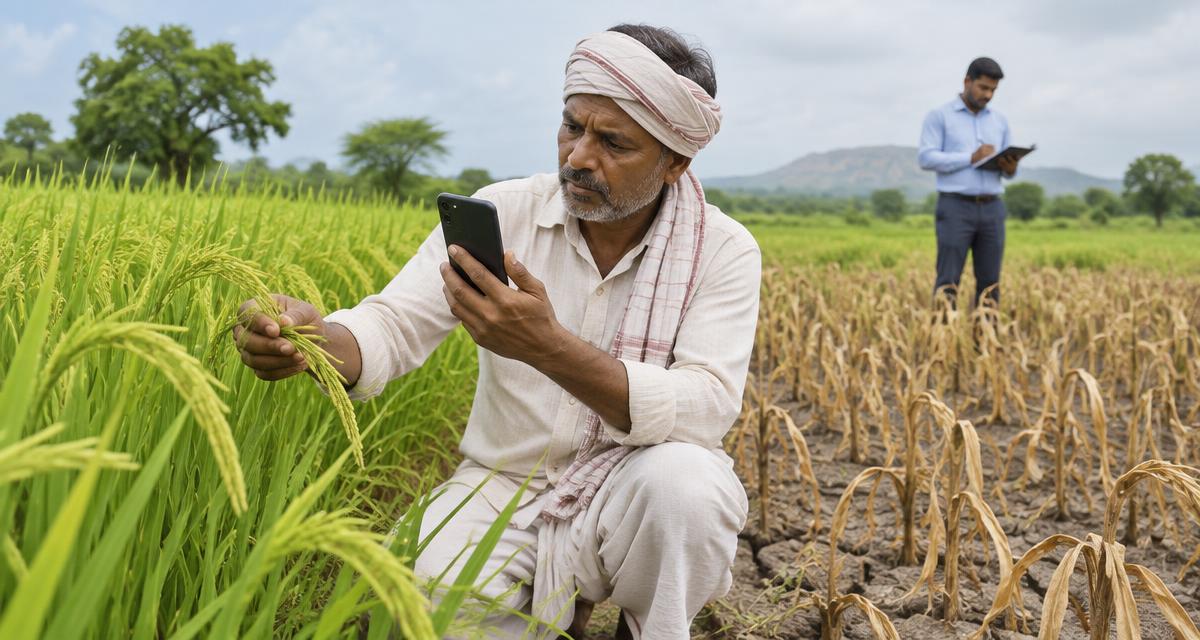 Indian farmer documenting crop condition for an insurance claim