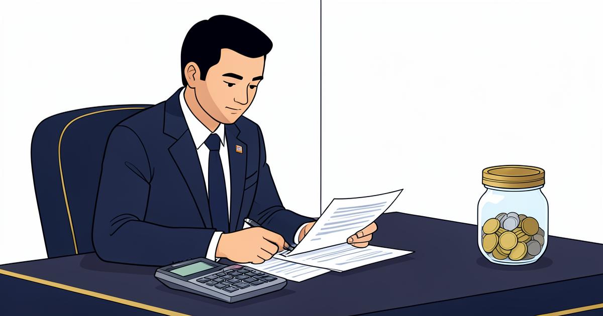 Government employee reviewing pension documents with a calculator at a desk