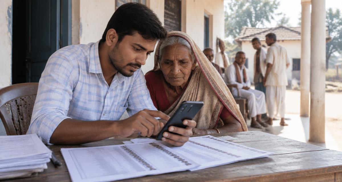 A young man helps an elderly woman read the PM Awas report on a phone at a village panchayat office