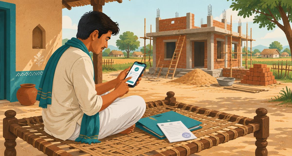 A villager files an online complaint on his phone beside a house under construction